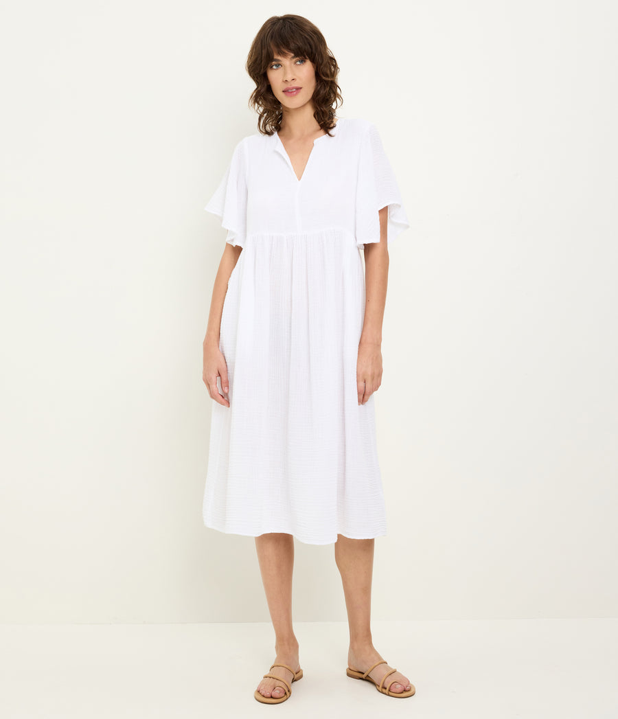 Madeline Flutter Sleeve Dress in White Full Body View #WHITE