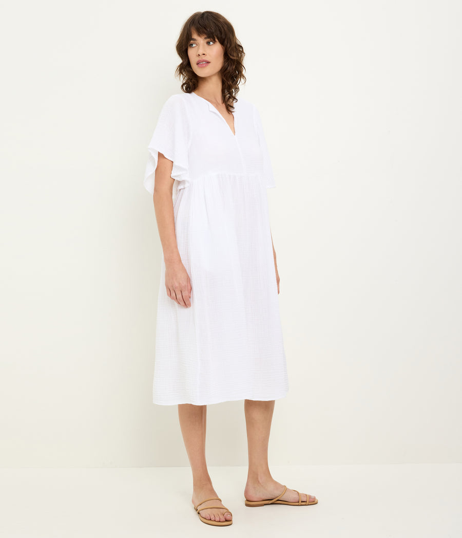 Madeline Flutter Sleeve Dress in White Full Body View #WHITE