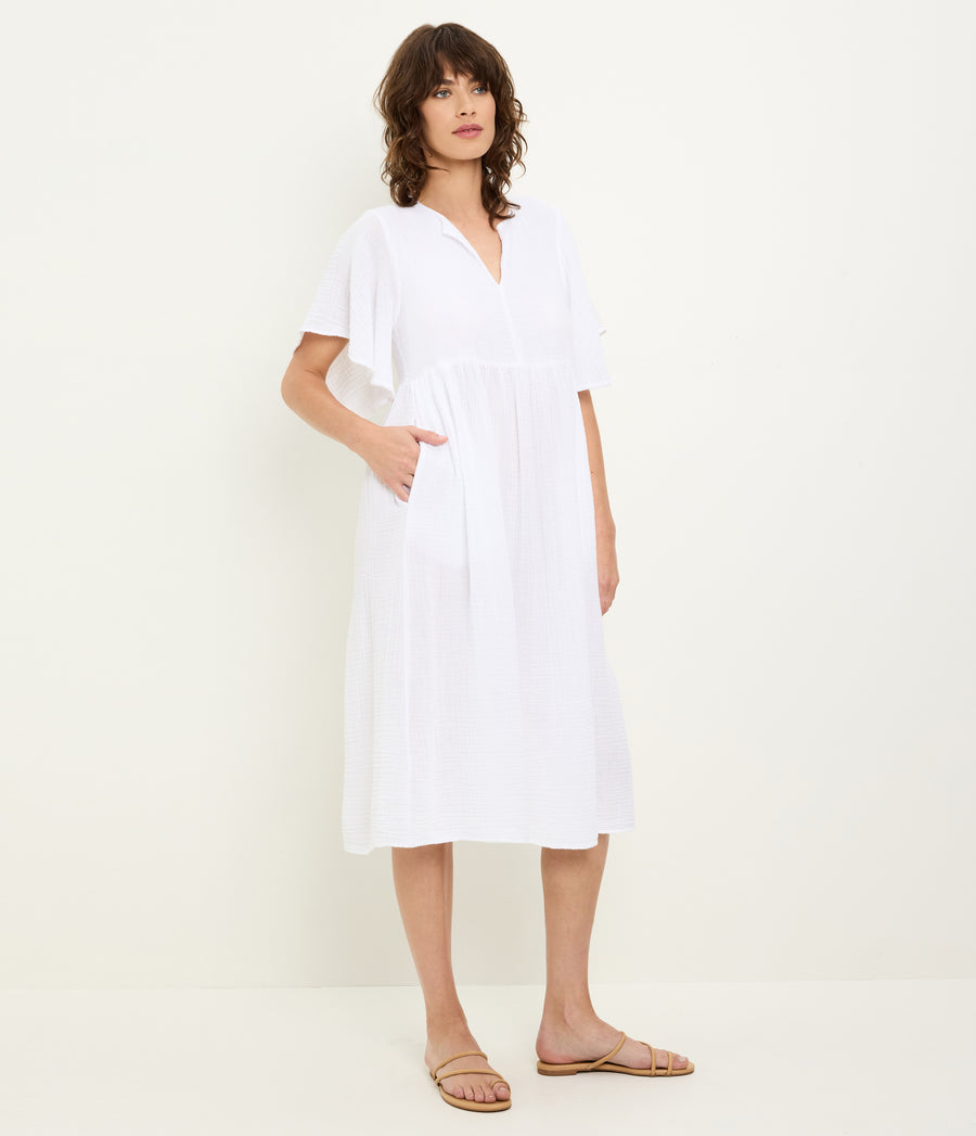 Madeline Flutter Sleeve Dress in White Side View #WHITE