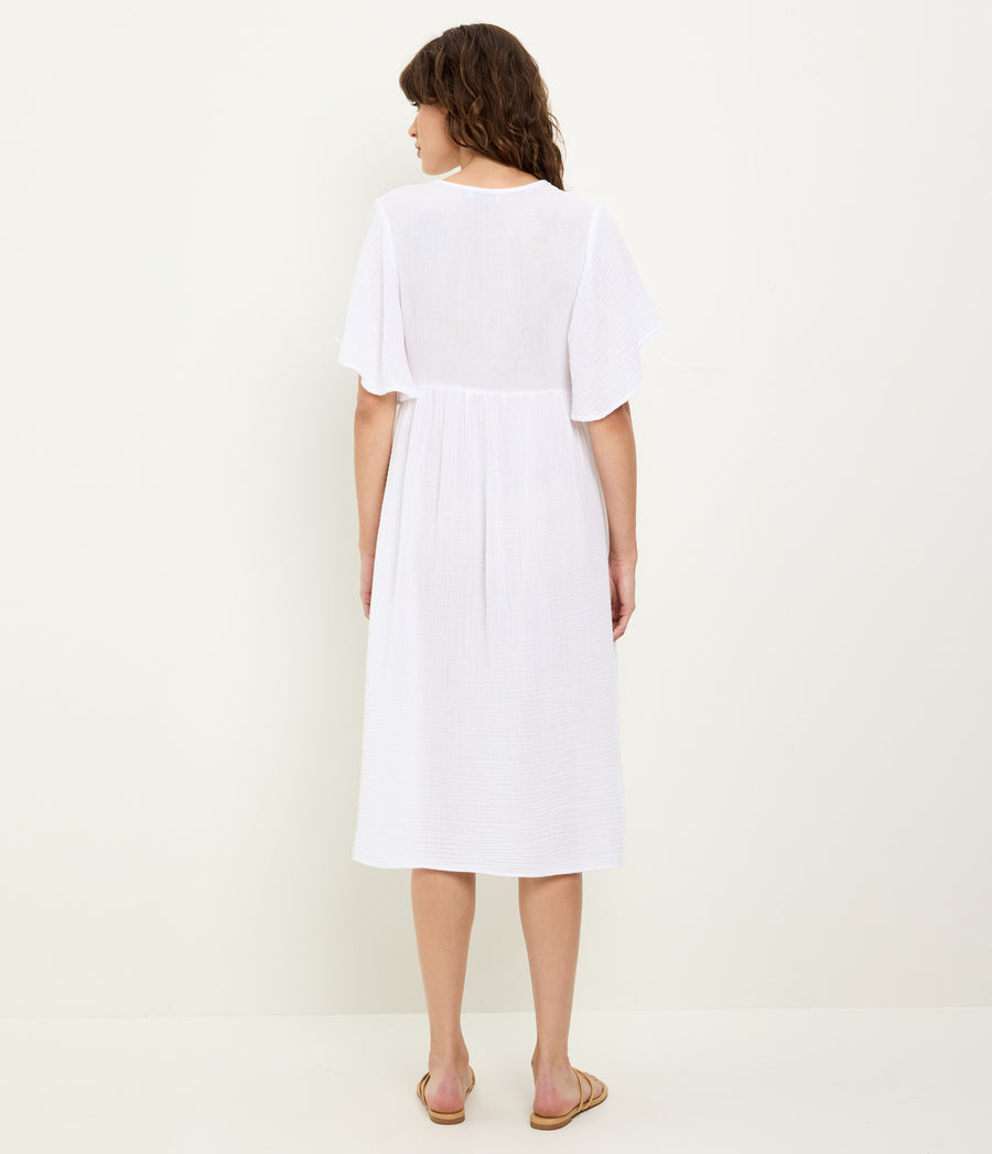 Madeline Flutter Sleeve Dress in White Back View  #WHITE