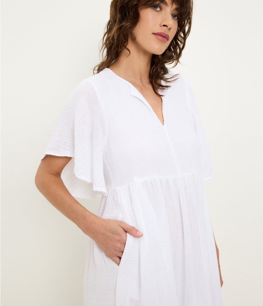 Madeline Flutter Sleeve Dress in White Close up View #WHITE