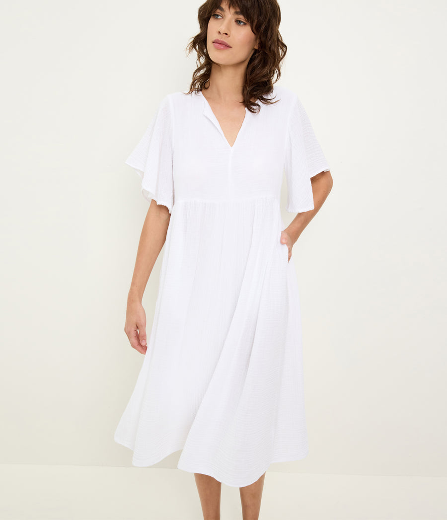 Madeline Flutter Sleeve Dress in White Close up View #WHITE