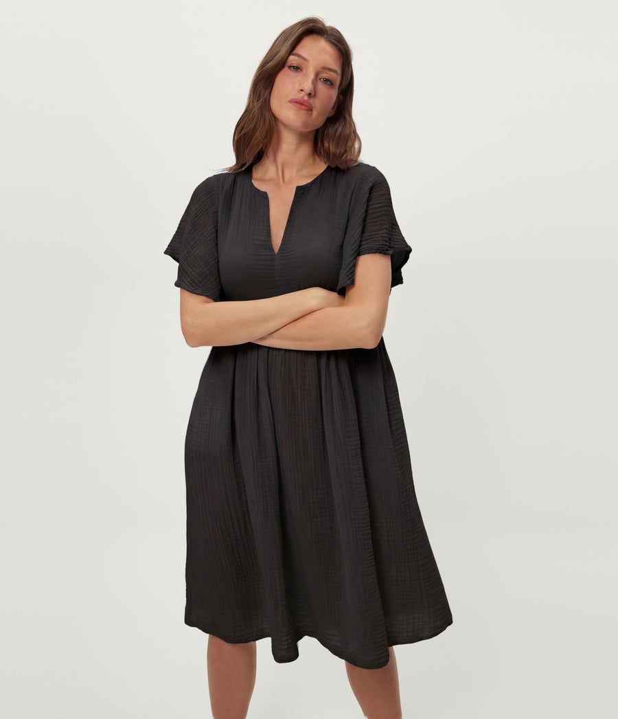 Madeline Flutter Sleeve Dress in Black Close up View #BLACK