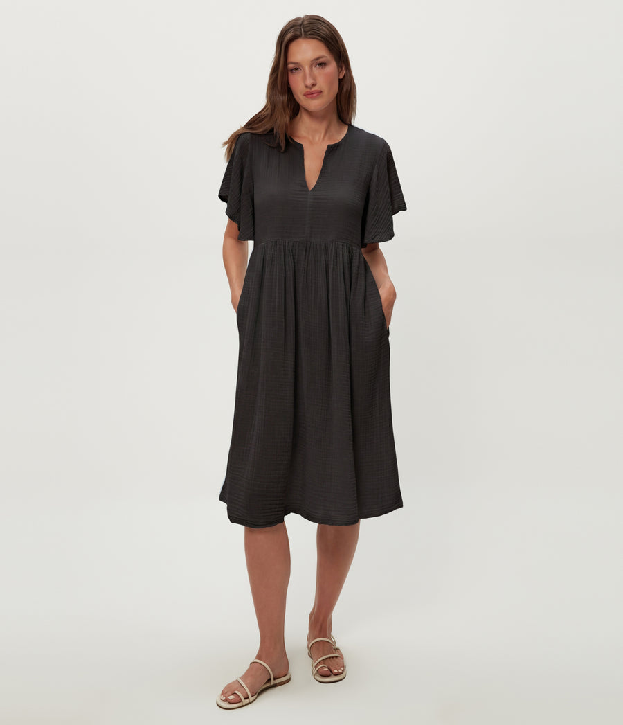 Madeline Flutter Sleeve Dress in Black Full Body View #BLACK