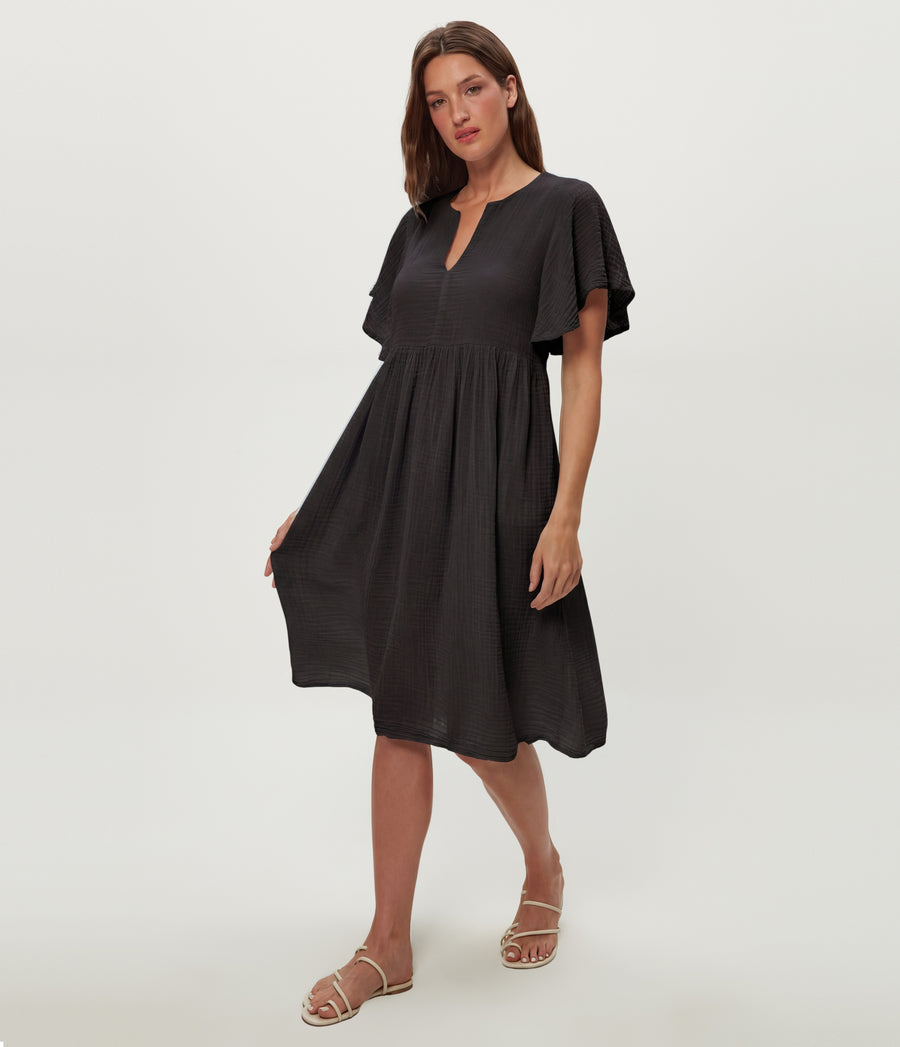 Madeline Flutter Sleeve Dress in Black Side View #BLACK
