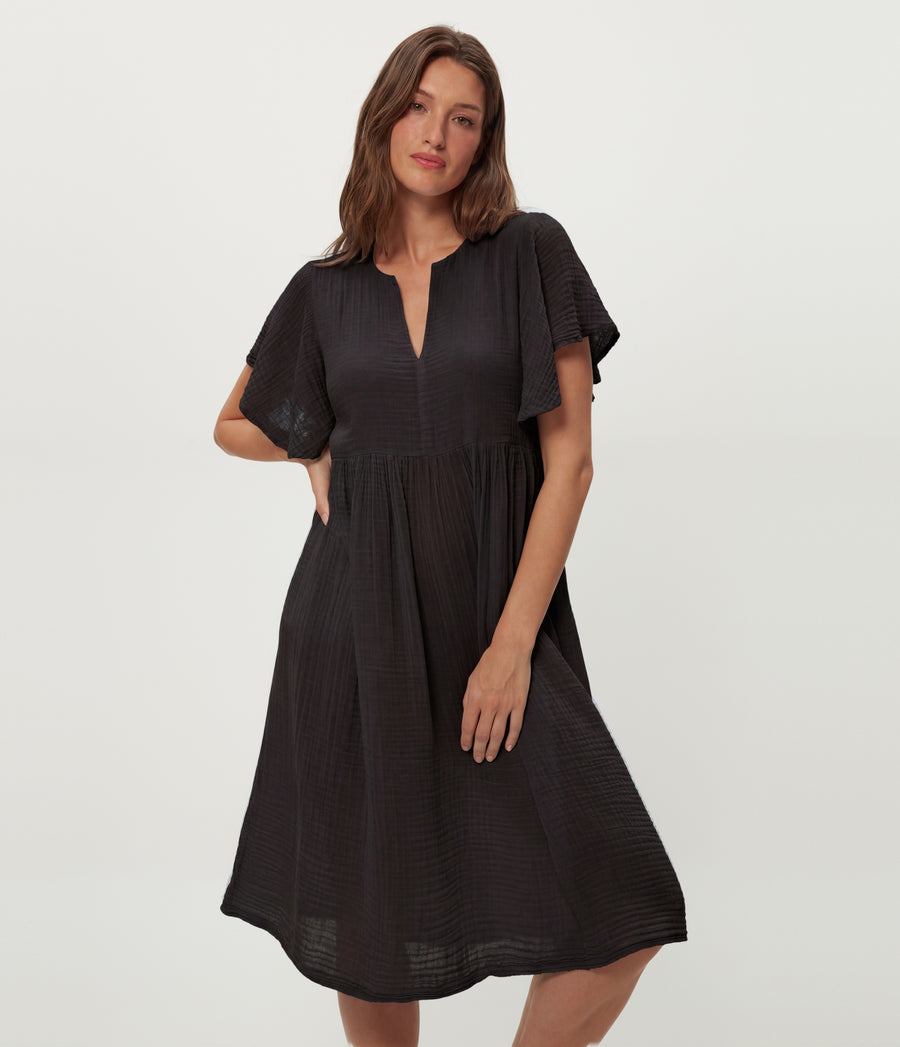 Madeline Flutter Sleeve Dress in Black Close up View#BLACK