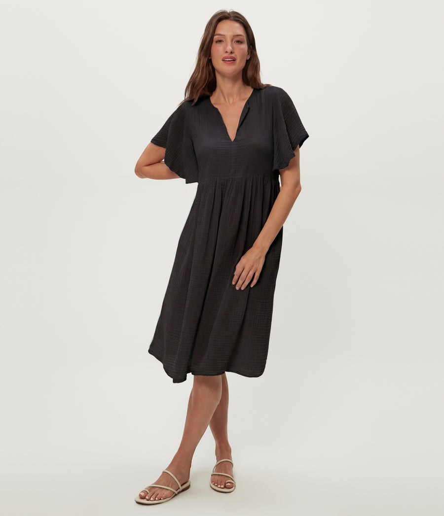 Madeline Flutter Sleeve Dress in Black Full Body View #BLACK