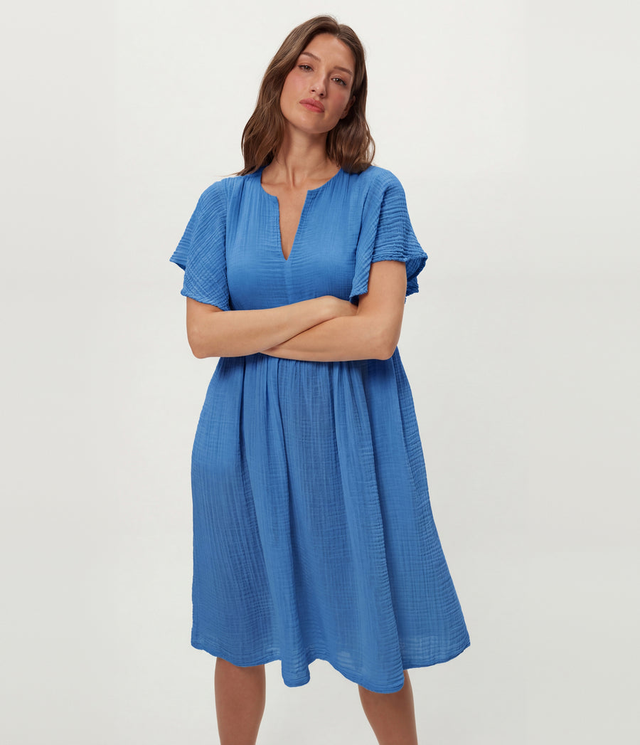 Madeline Flutter Sleeve Dress in BABY BLUE Blue Close up View #BLUE RIBBON