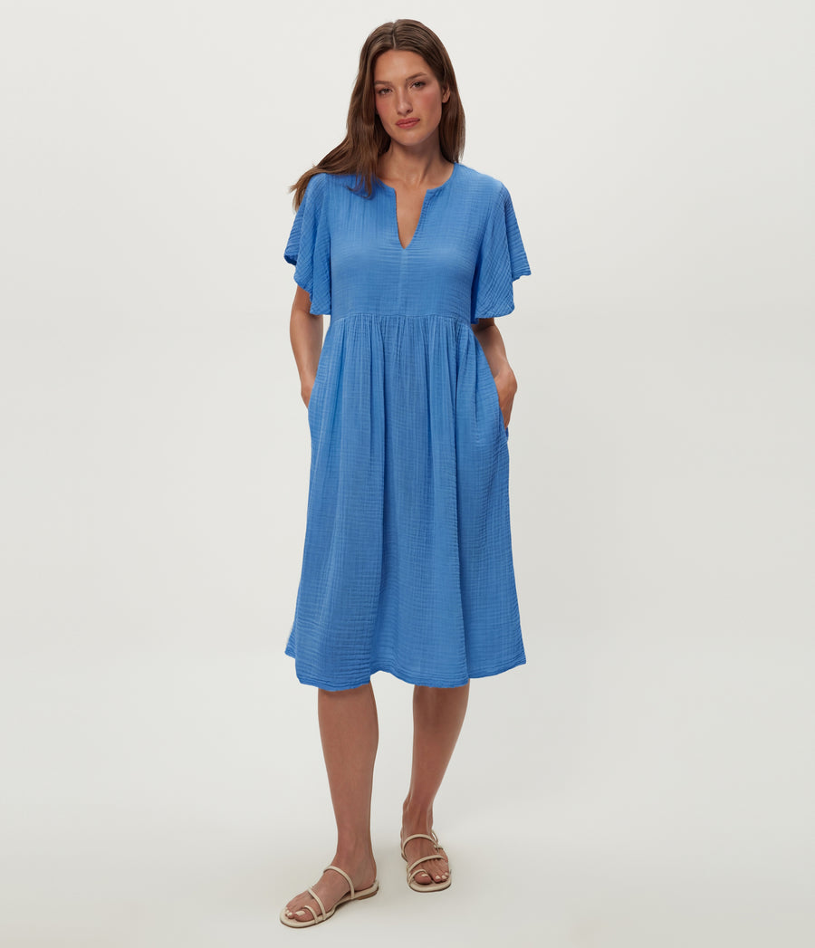 Madeline Flutter Sleeve Dress in BABY BLUE Blue Full Body View #BLUE RIBBON