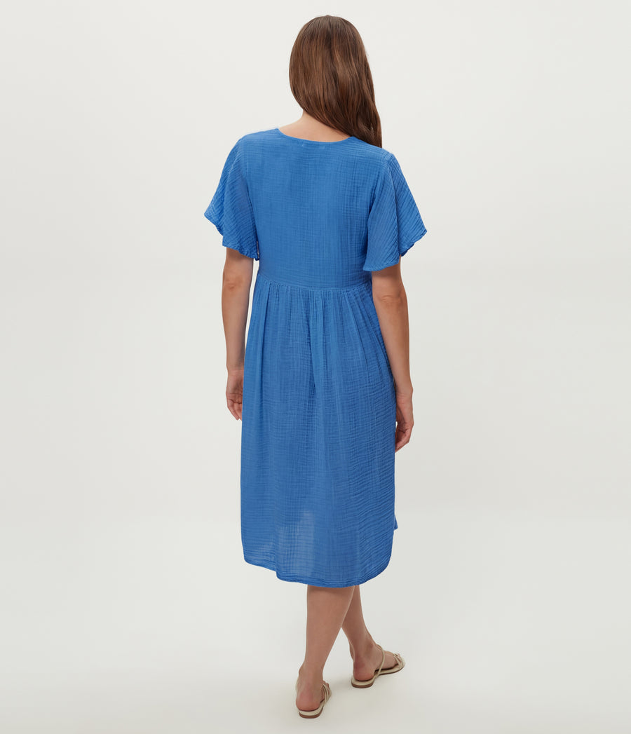 Madeline Flutter Sleeve Dress in BABY BLUE Blue Back View #BLUE RIBBON