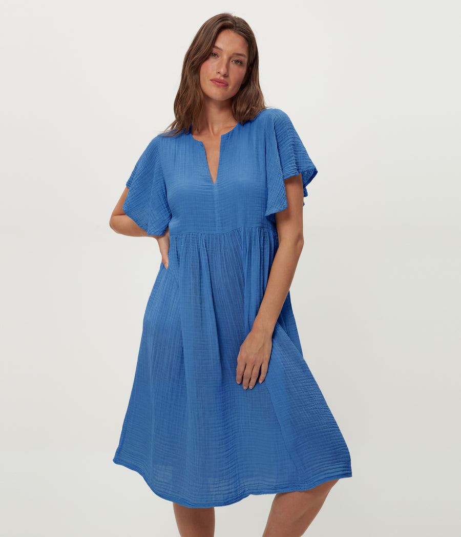 Madeline Flutter Sleeve Dress in BABY BLUE Blue Close up View #BLUE RIBBON