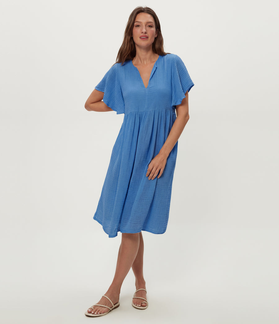 Madeline Flutter Sleeve Dress in BABY BLUE Blue Full Body View #BLUE RIBBON