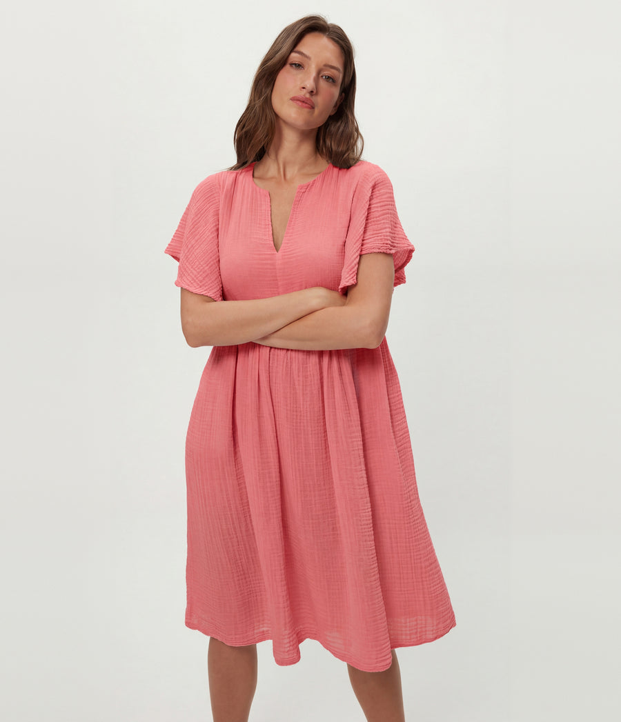 Madeline Flutter Sleeve Dress in DRAGONFRUIT Pink Close Up View #DRAGONFRUIT