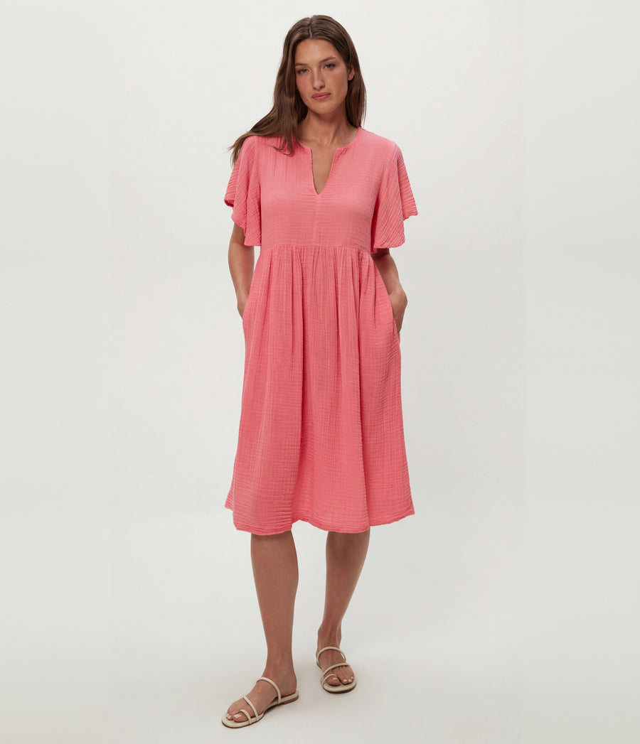 Madeline Flutter Sleeve Dress in DRAGONFRUIT Pink Full Body View #DRAGONFRUIT