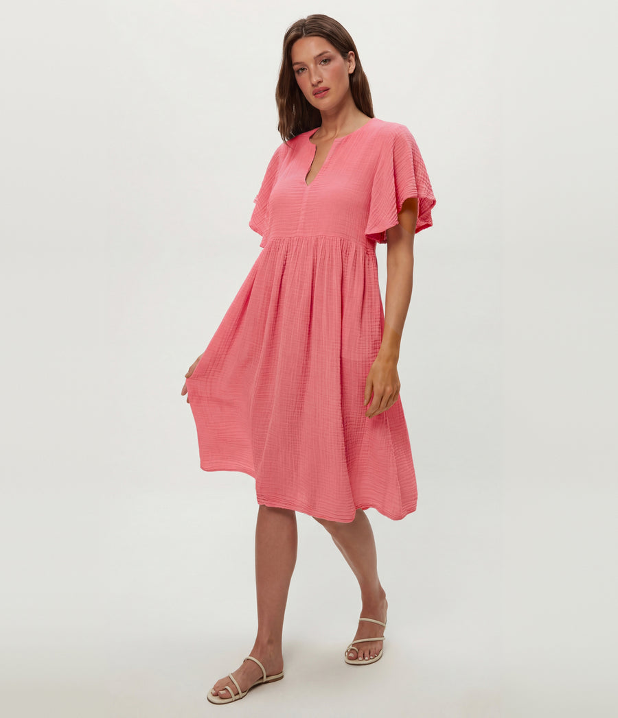 Madeline Flutter Sleeve Dress in DRAGONFRUIT Pink Side View #DRAGONFRUIT
