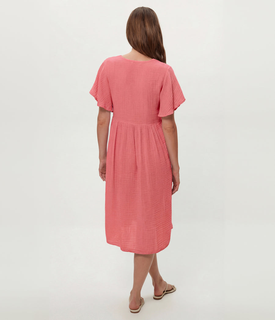 Madeline Flutter Sleeve Dress in DRAGONFRUIT Pink Back View #DRAGONFRUIT