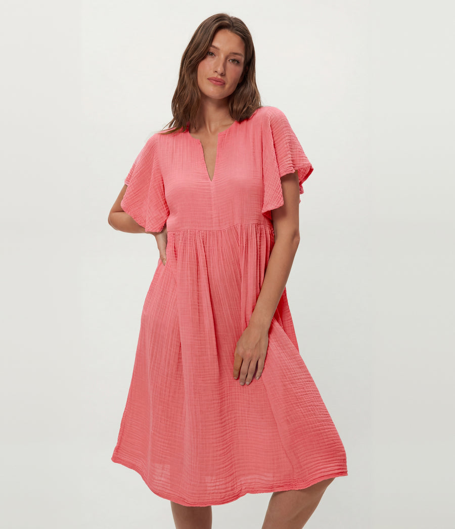Madeline Flutter Sleeve Dress in DRAGONFRUIT Pink Close Up View #DRAGONFRUIT