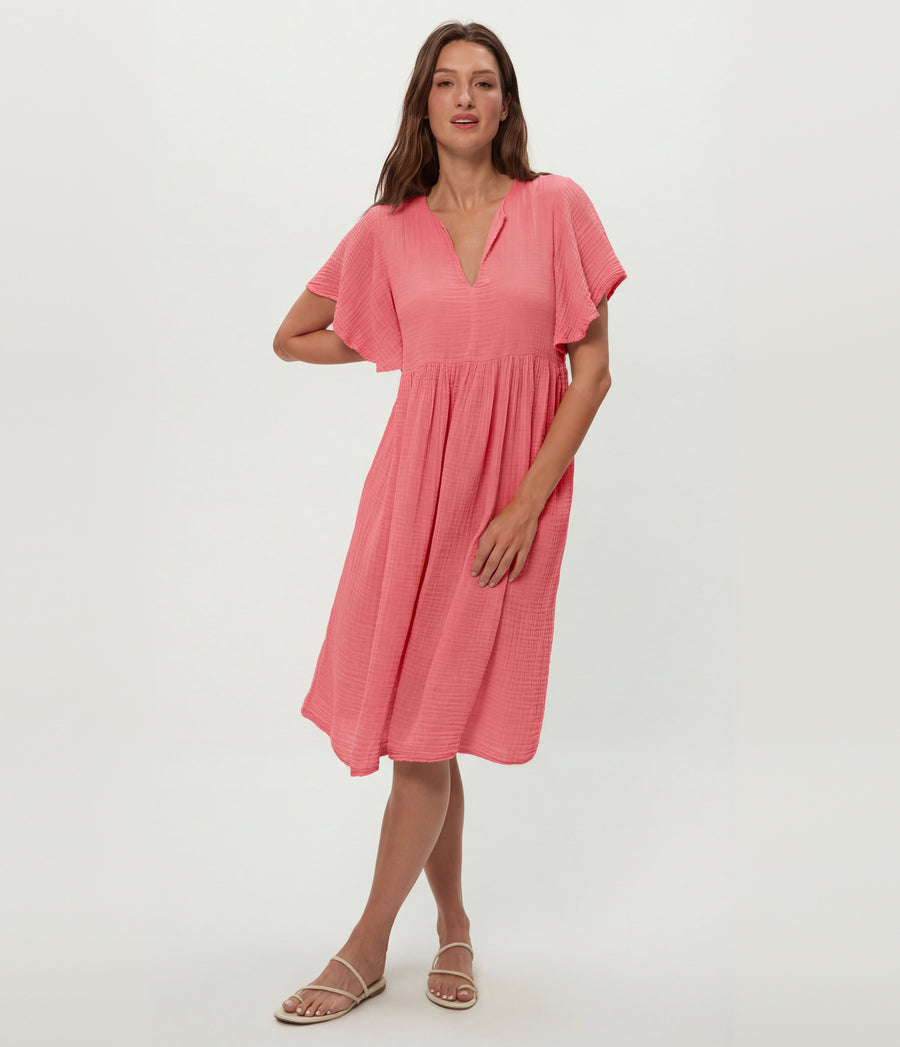 Madeline Flutter Sleeve Dress in DRAGONFRUIT Pink Full Body View #DRAGONFRUIT