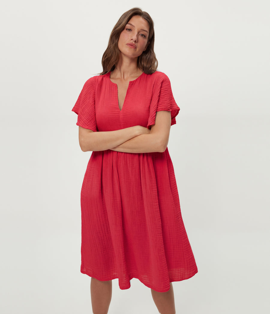 Madeline Flutter Sleeve Dress in LACQUER RED Close up View #LACQUER