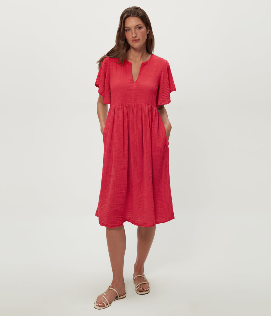 Madeline Flutter Sleeve Dress in LACQUER RED Full Body View #LACQUER