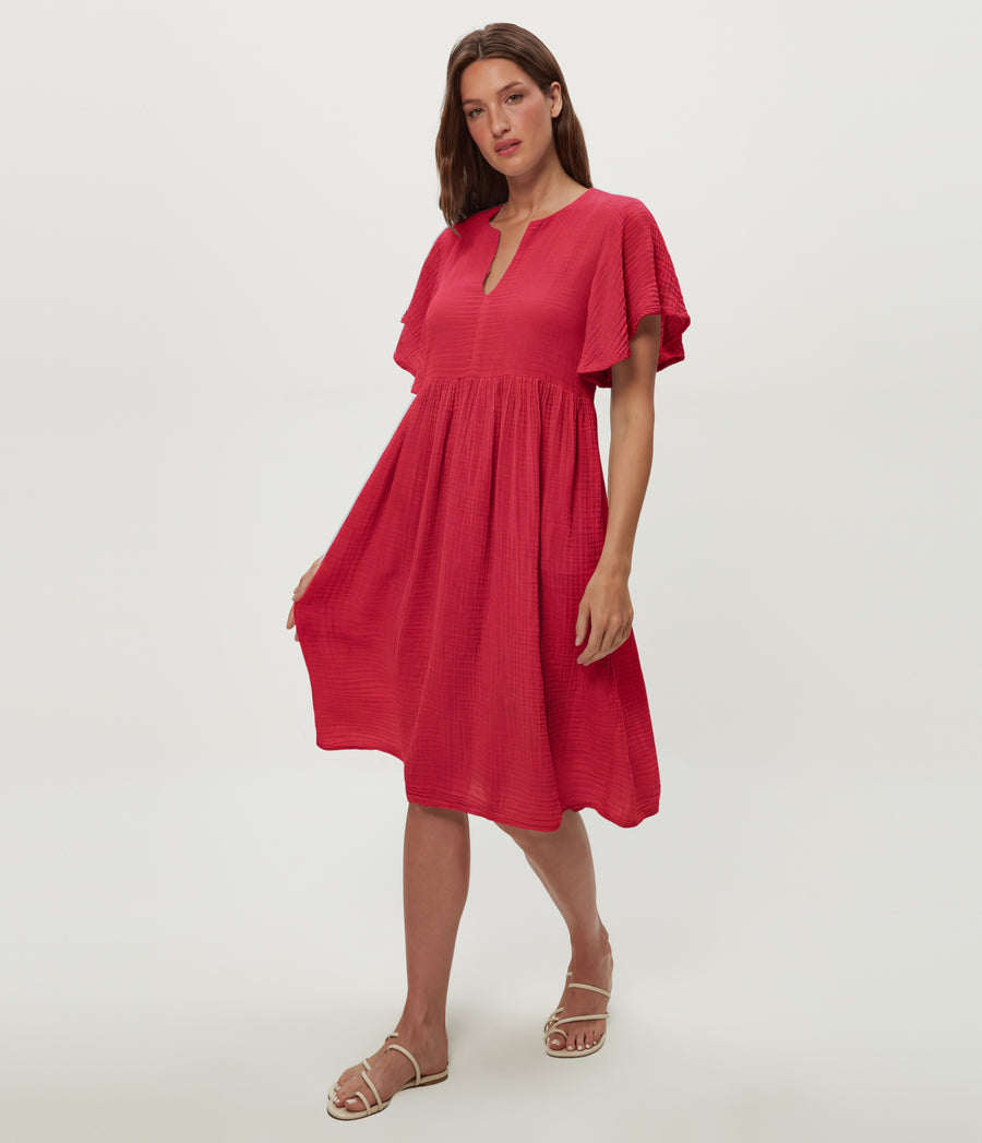Madeline Flutter Sleeve Dress in LACQUER RED Side View #LACQUER