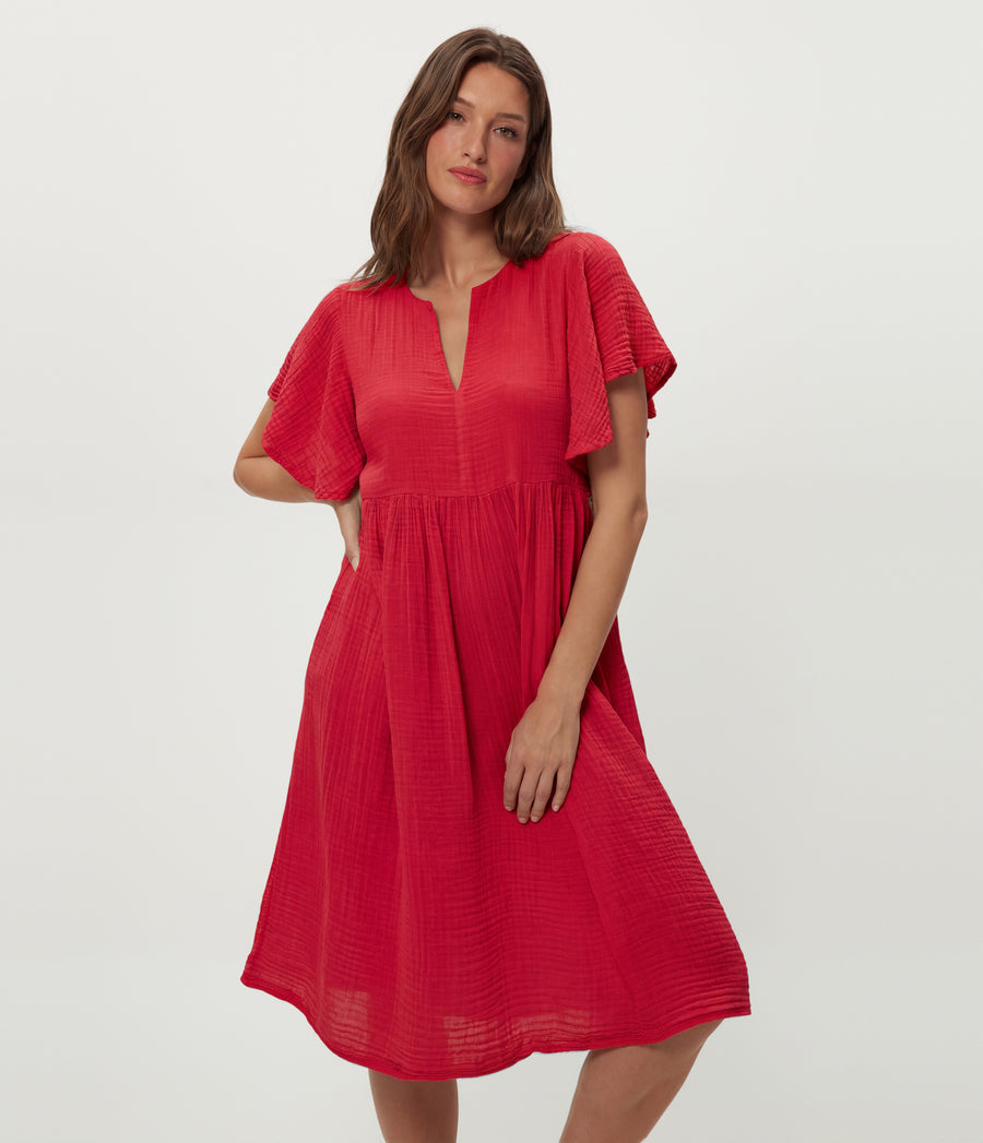 Madeline Flutter Sleeve Dress in LACQUER RED Full Body View #LACQUER
