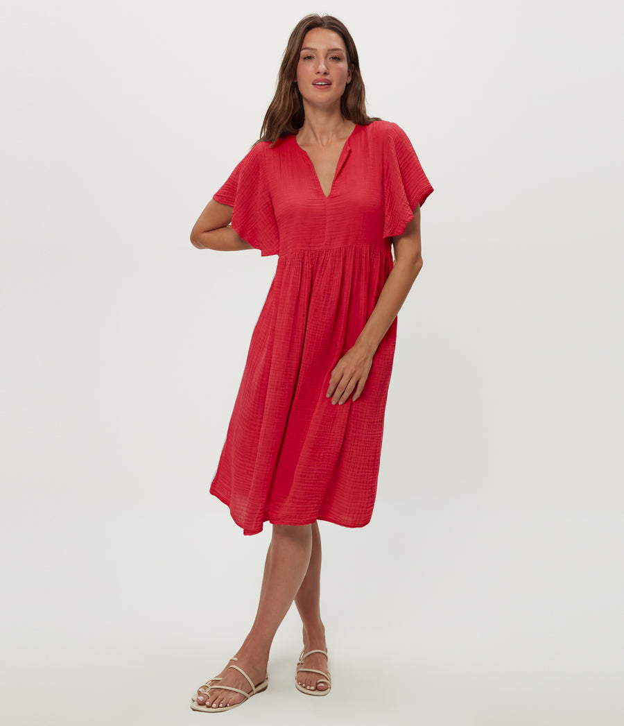 Madeline Flutter Sleeve Dress in LACQUER RED Full Body View #LACQUER