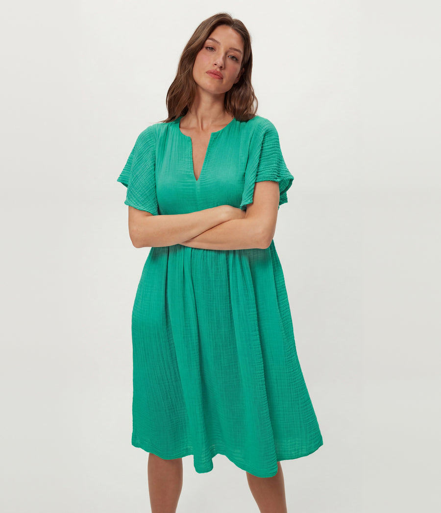Madeline Flutter Sleeve Dress in MALDIVES Green Close up View #MALDIVES