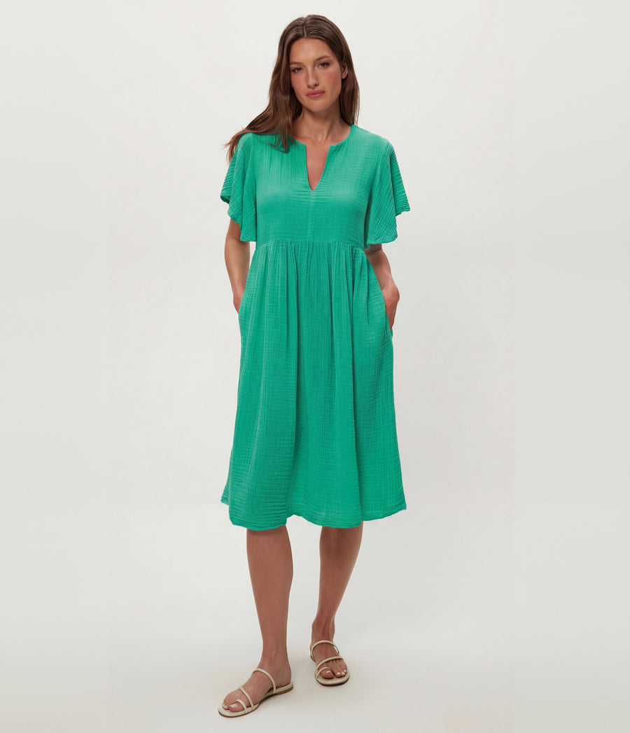 Madeline Flutter Sleeve Dress in MALDIVES Green Full Body View #MALDIVES