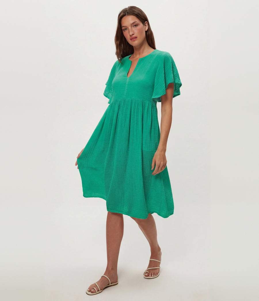 Madeline Flutter Sleeve Dress in MALDIVES Green Side View #MALDIVES