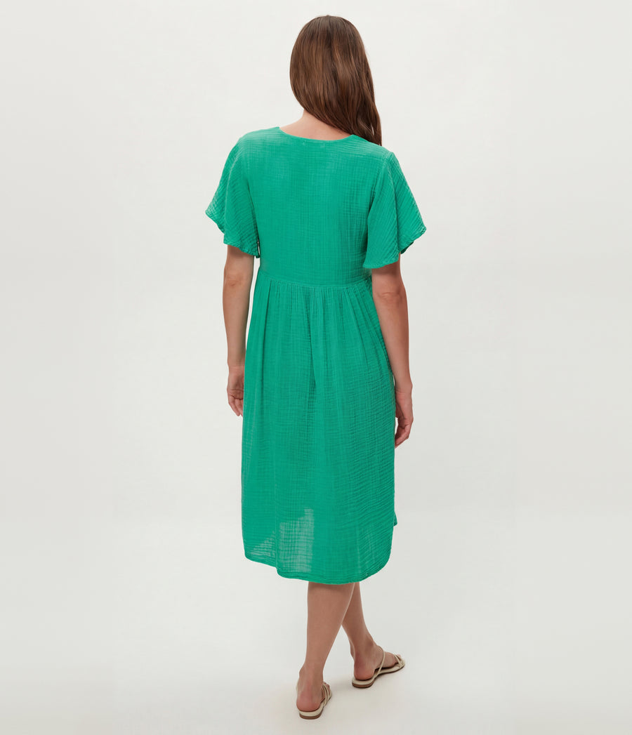Madeline Flutter Sleeve Dress in MALDIVES Green Back View #MALDIVES