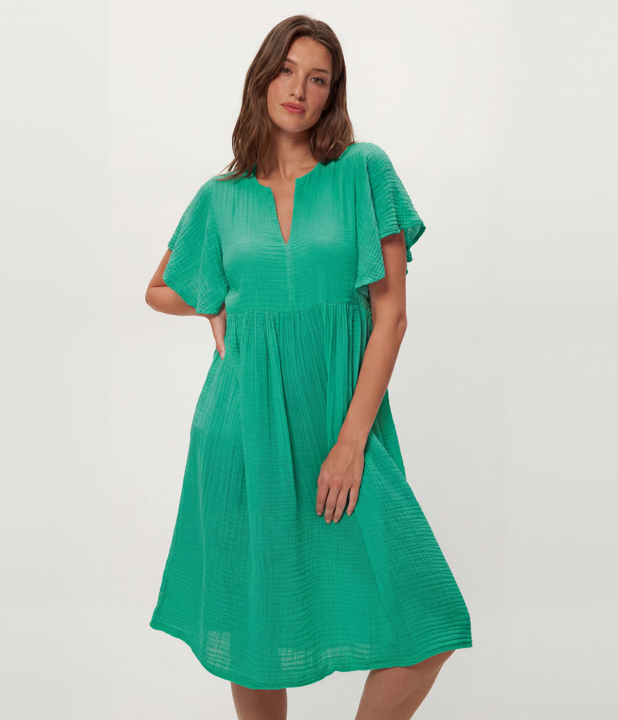 Madeline Flutter Sleeve Dress in MALDIVES Green Close up View #MALDIVES