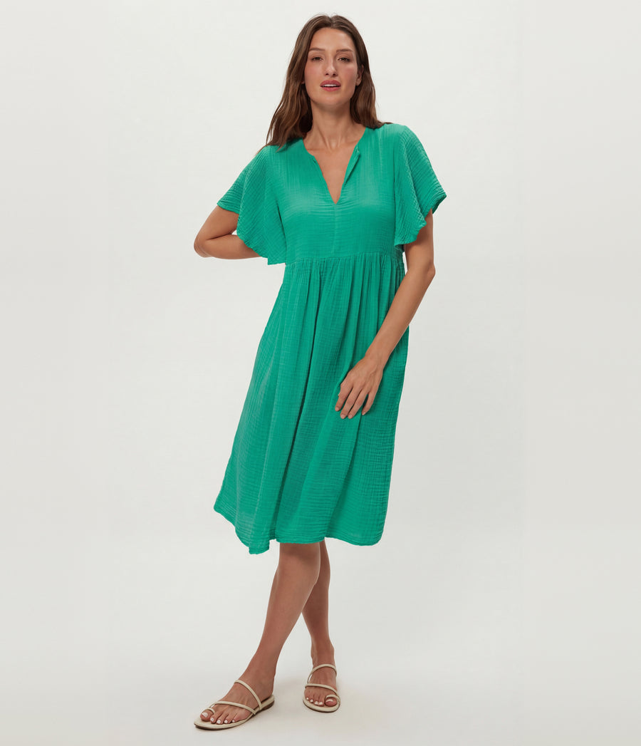 Madeline Flutter Sleeve Dress in MALDIVES Green Full Body View #MALDIVES