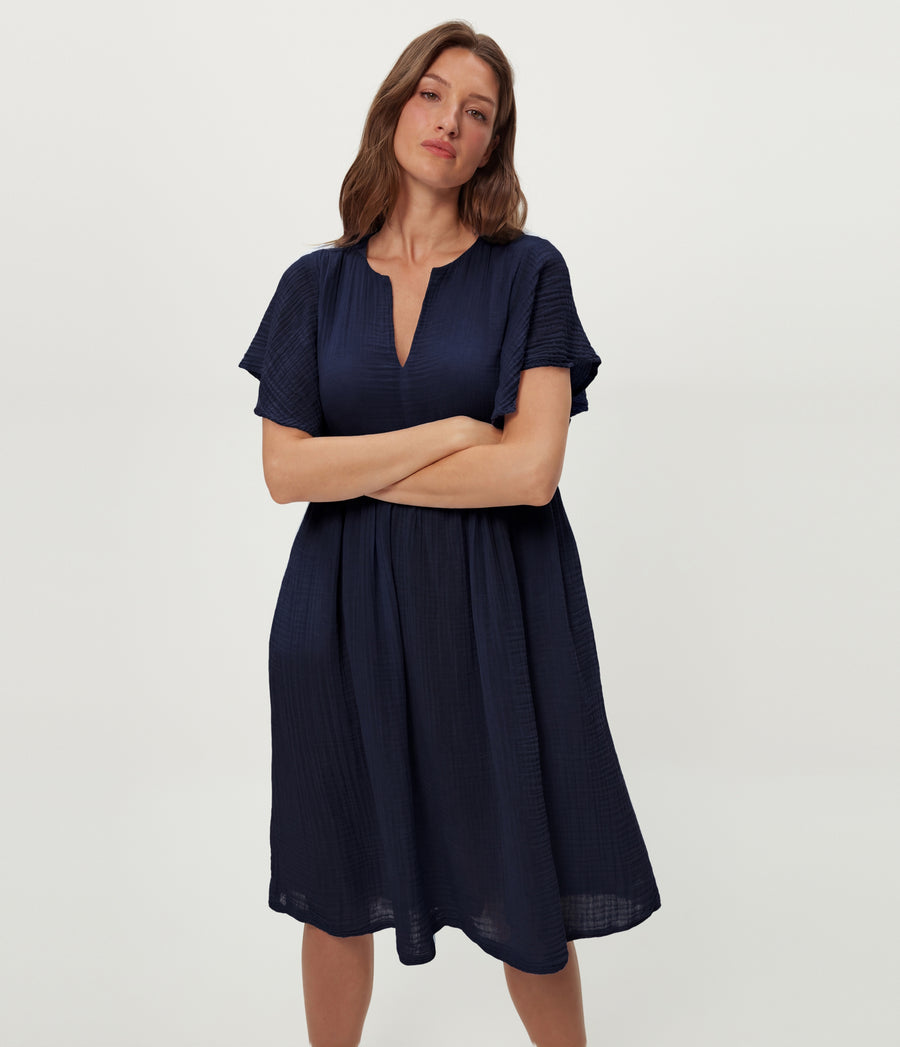 Madeline Flutter Sleeve Dress in Nocturnal Blue Close up View  #NOCTURNAL