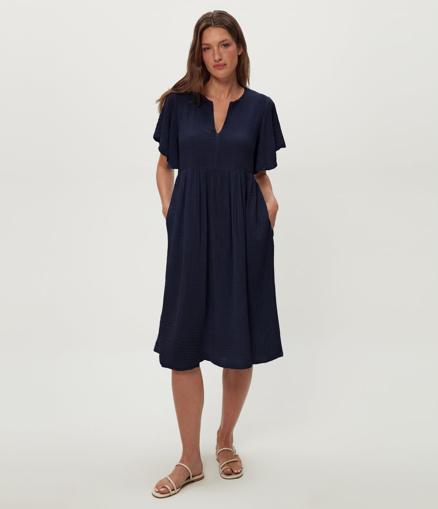 Madeline Flutter Sleeve Dress in Nocturnal Blue Full Body View #NOCTURNAL