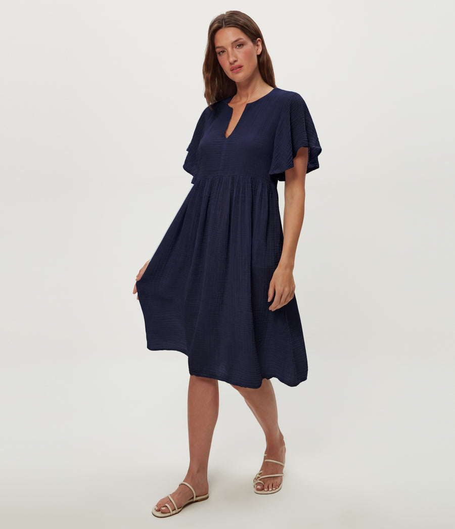 Madeline Flutter Sleeve Dress in Nocturnal Blue Side View #NOCTURNAL