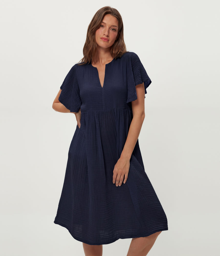 Madeline Flutter Sleeve Dress in Nocturnal Blue Close up View  #NOCTURNAL