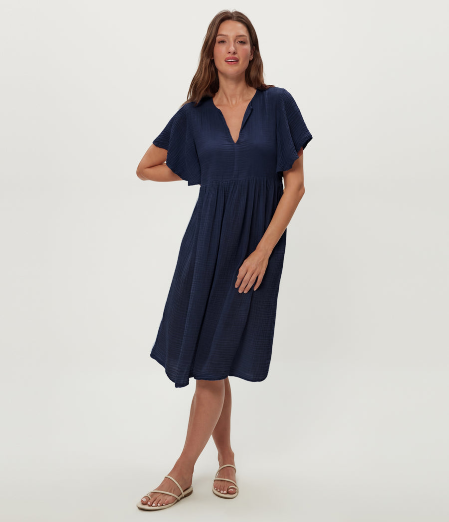 Madeline Flutter Sleeve Dress in Nocturnal Blue Full Body View #NOCTURNAL