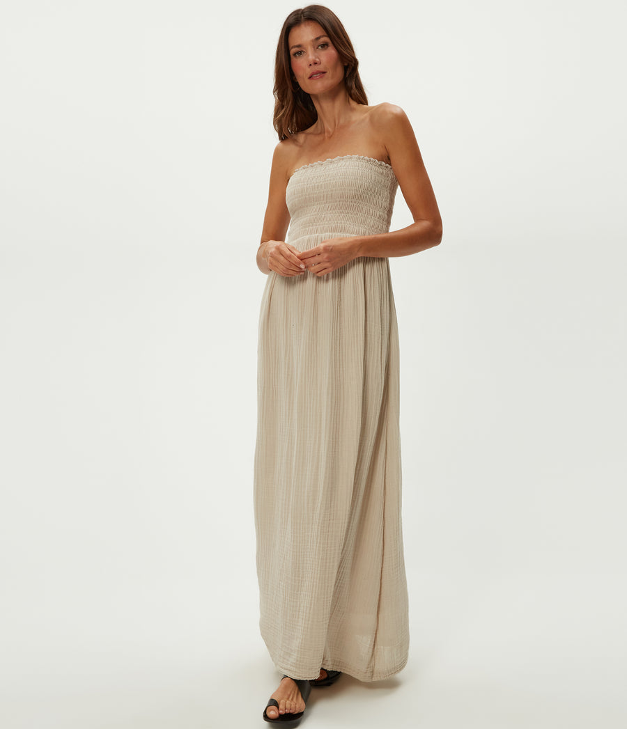 Bahia Smocked Dress in Cement  Beige Close up View #CEMENT