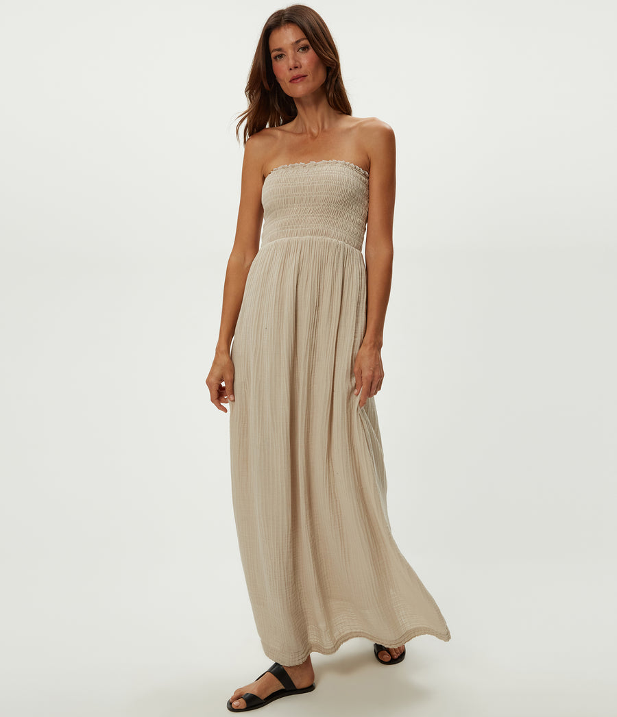 Bahia Smocked Dress in Cement  Beige Full Body View #CEMENT