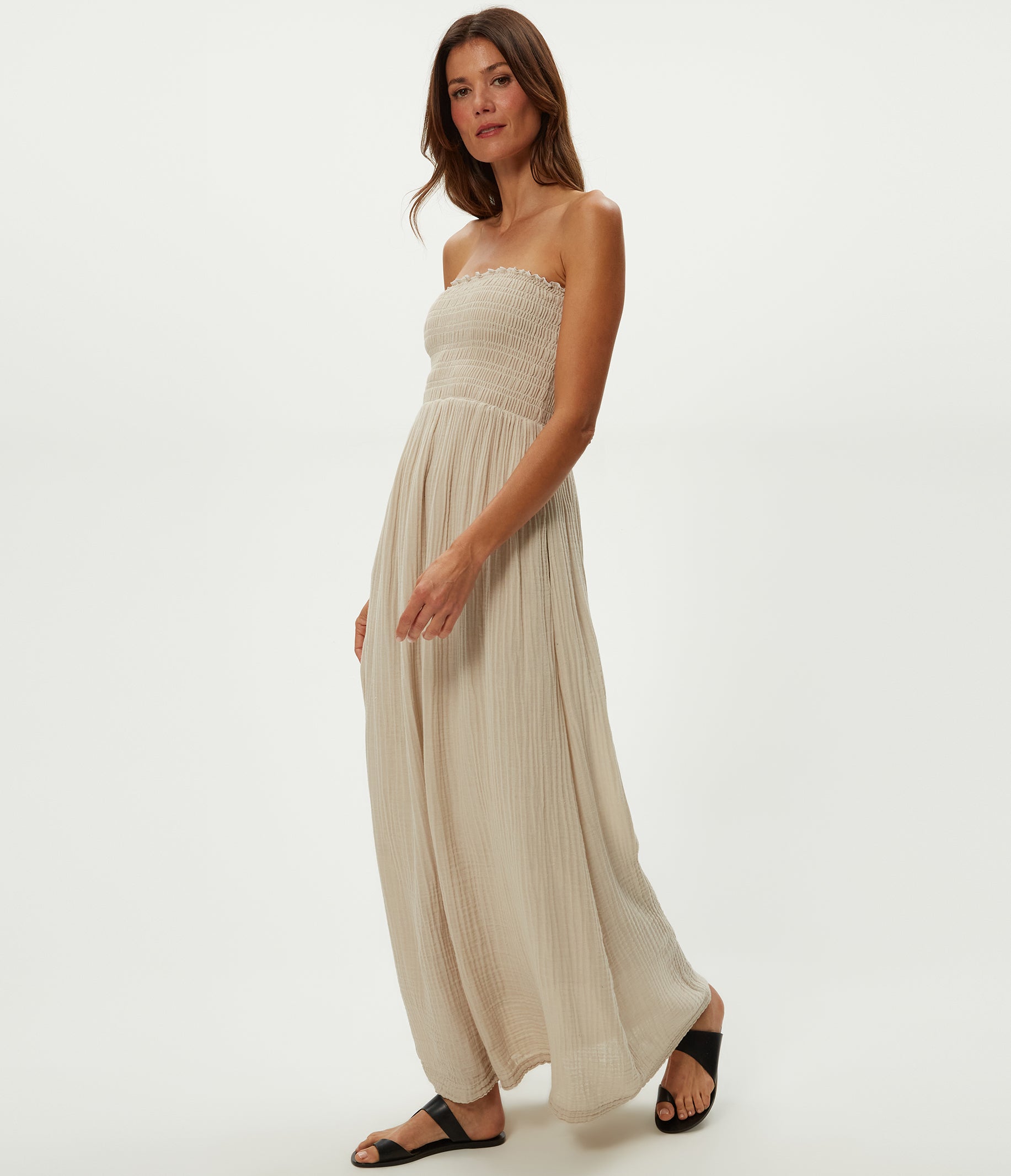 beige smocked dress Beige Smocked Halter Open Back Maxi Dress main image 1