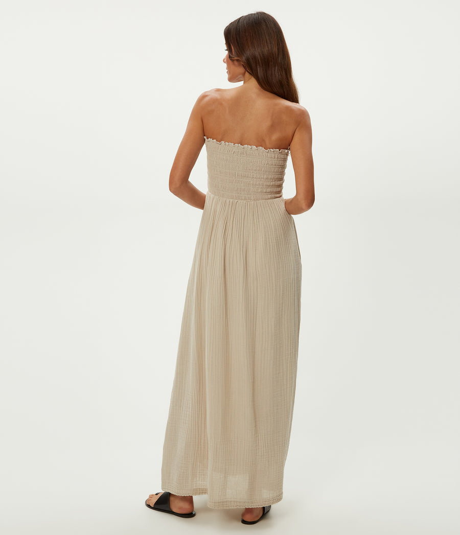 Bahia Smocked Dress in Cement  Beige Back View #CEMENT