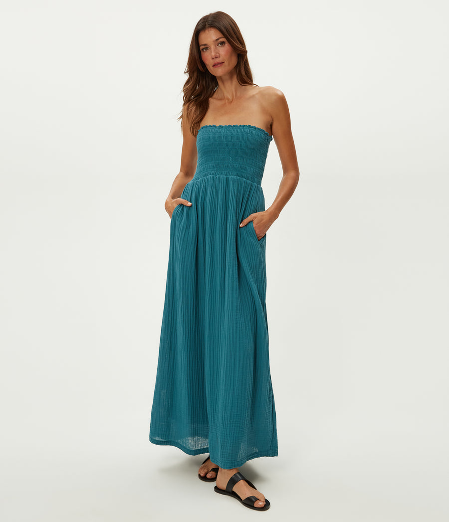 Bahia Smocked Dress in GLAZE Blue Full Body View #GLAZE