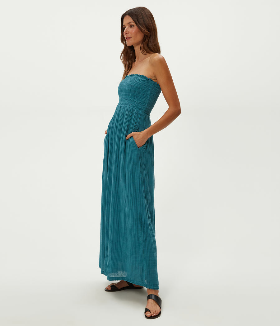 Bahia Smocked Dress in GLAZE Blue Side View #GLAZE