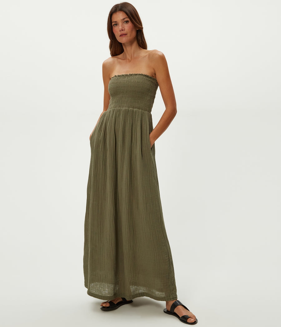Bahia Smocked Dress in Olive Green Close up View #OLIVE