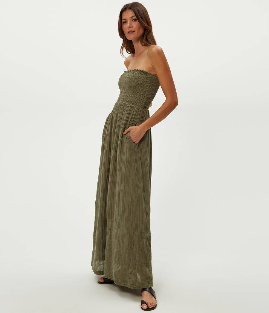 Bahia Smocked Dress in Olive Green Full Body View #OLIVE