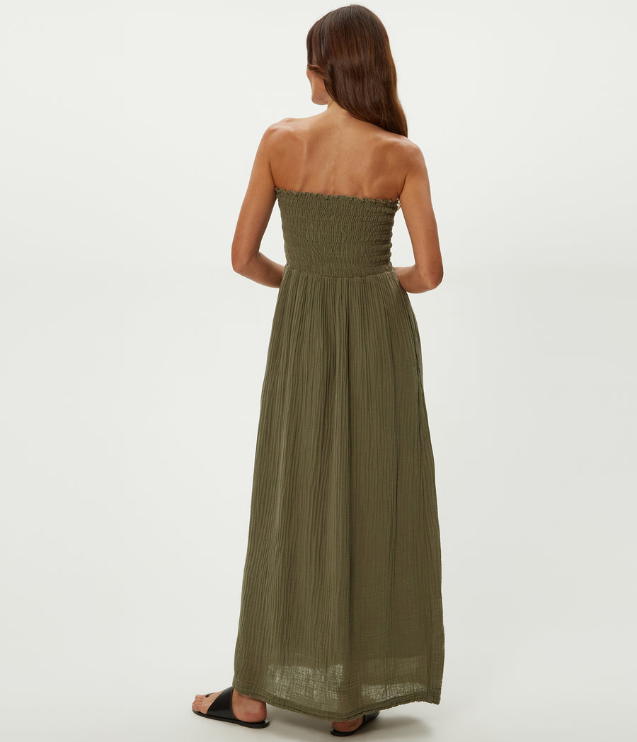 Bahia Smocked Dress in Olive Green Back View #OLIVE