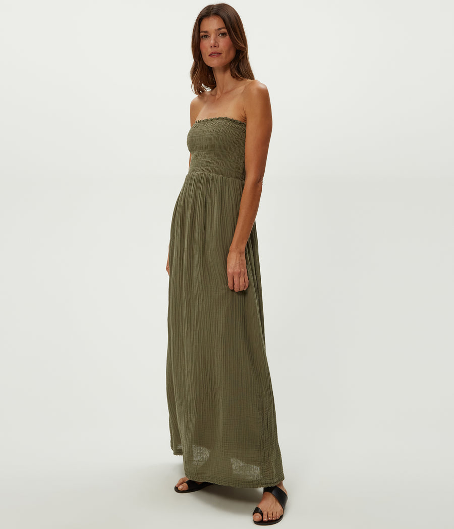Bahia Smocked Dress in Olive Green Side View #OLIVE