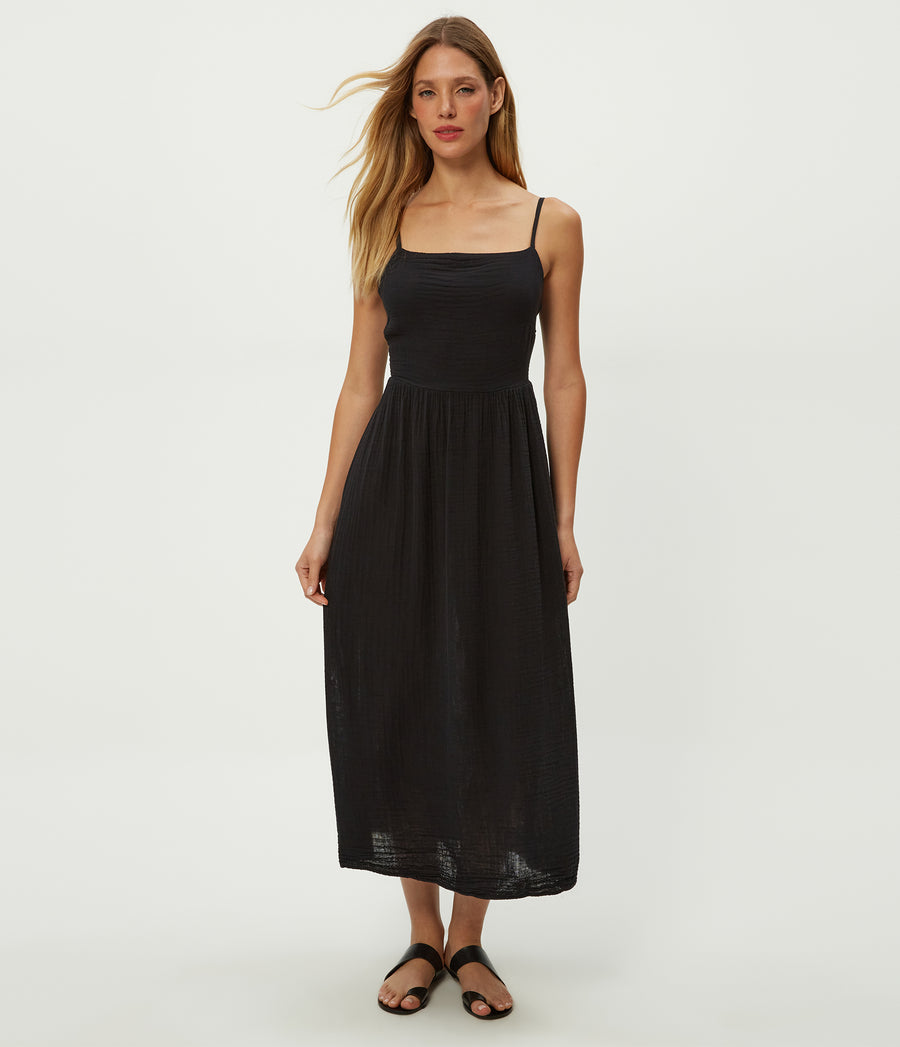 Allora Gauze Dress in Black Full Body View #BLACK