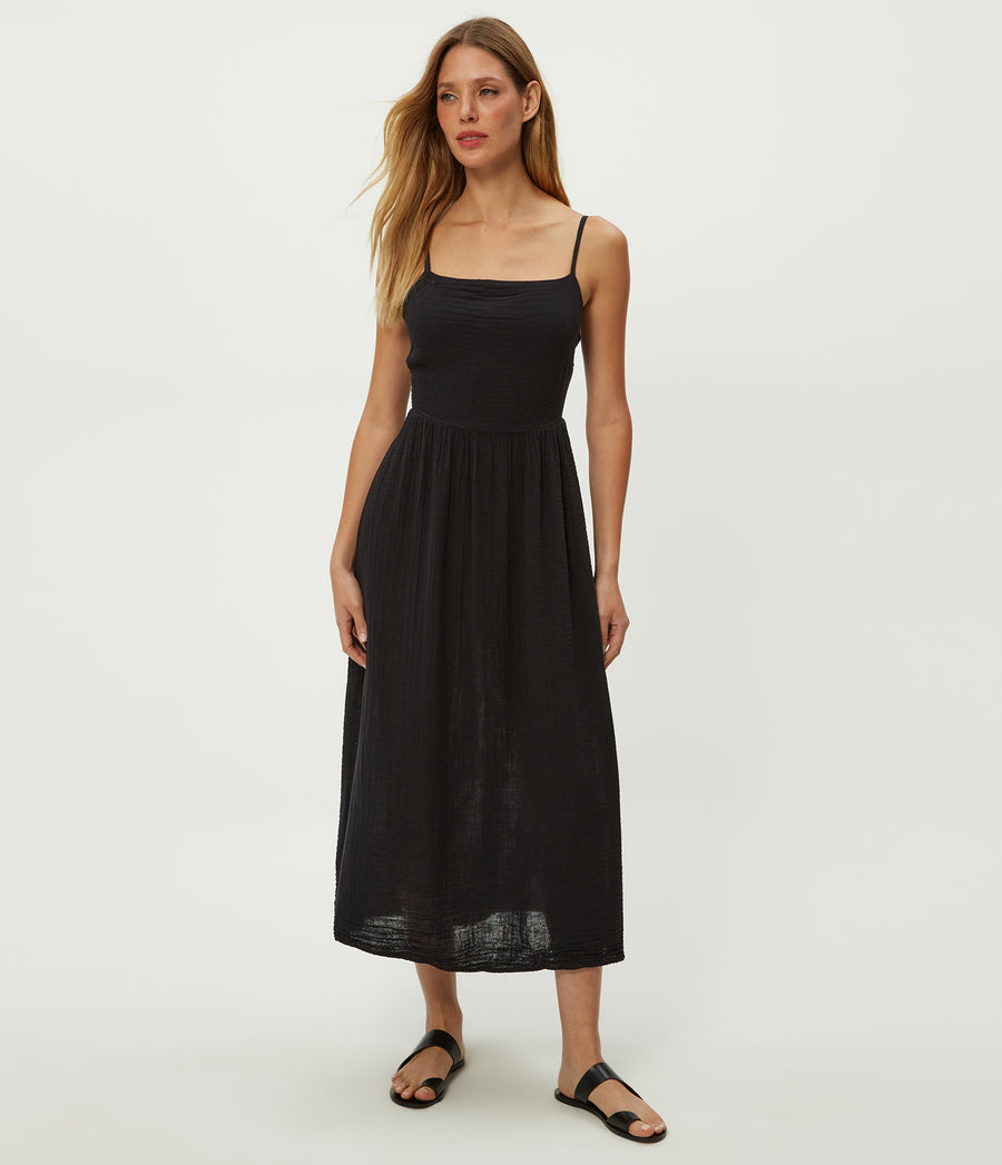 Allora Gauze Dress in Black Close Up View #BLACK